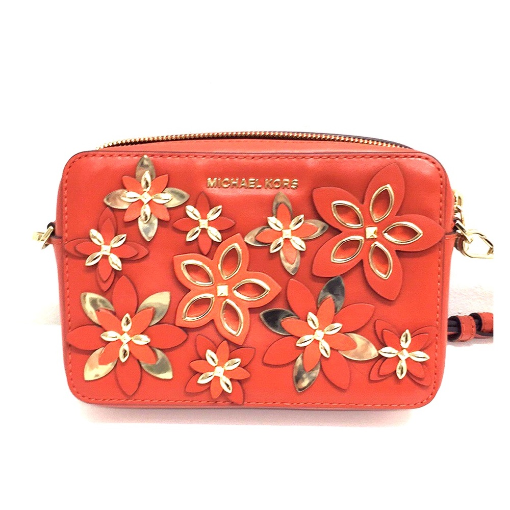 Michael Kors Flower Med Camera Orange leather bag